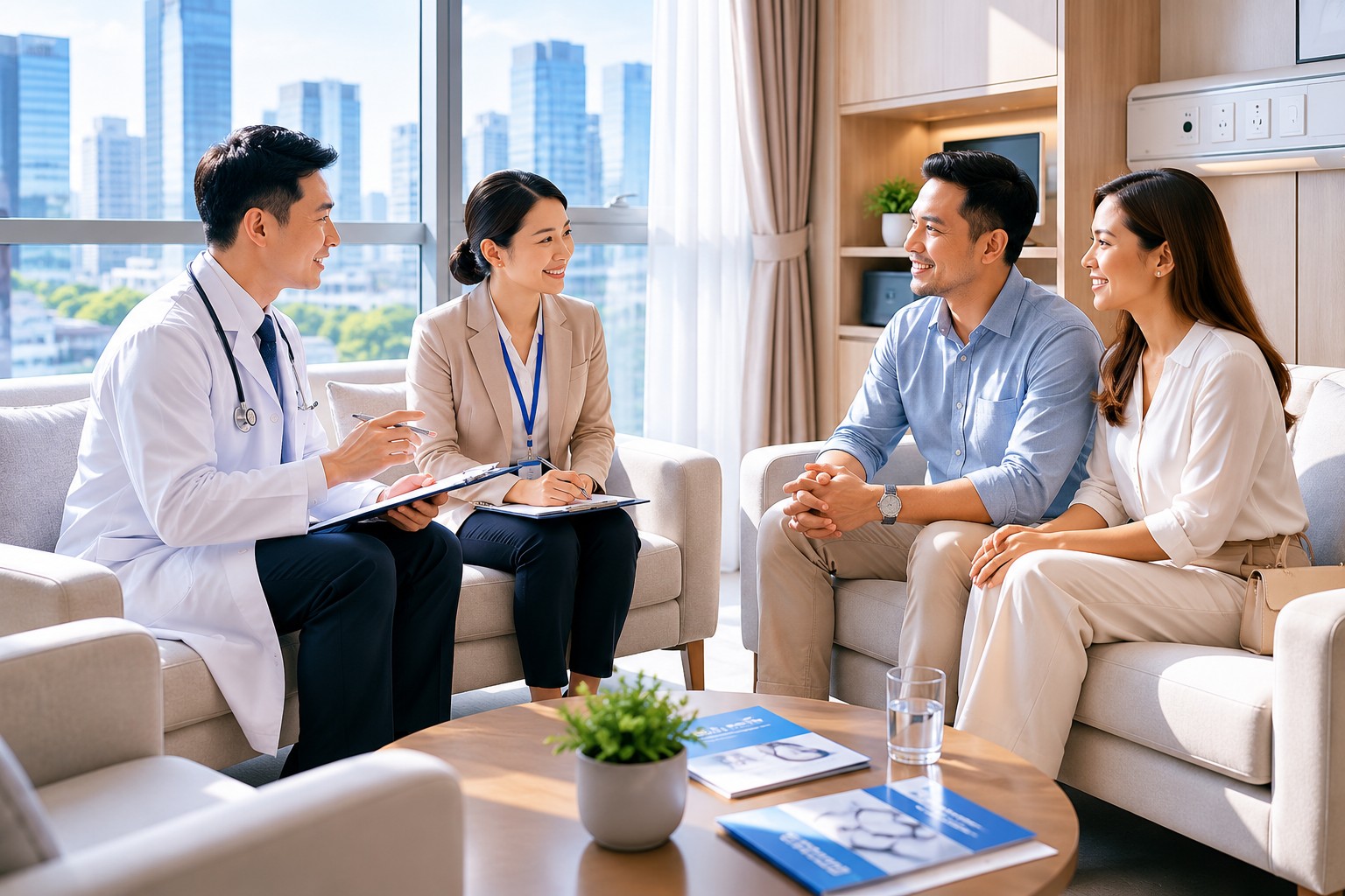 Office desk with passport and city skyline — medical travel planning