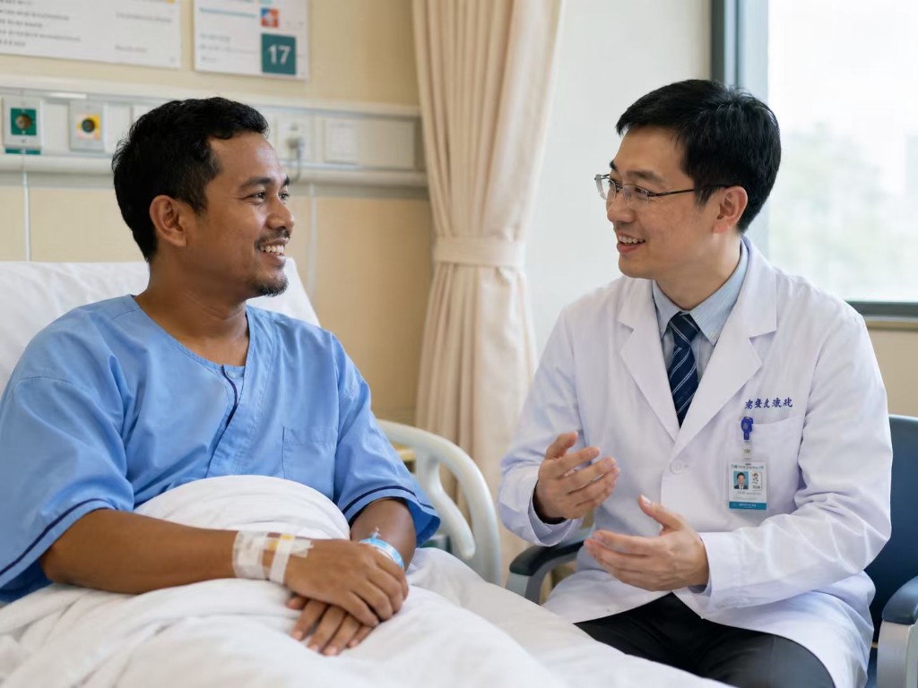 Doctor speaking with a smiling patient in a modern hospital room in China